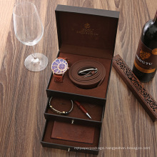 Fine Gift Watch Set for Men 3 Drawer Gift Box Leather Quartz Watch Belt Pen Key Chain Wallet Bracelet 6pcs Watch Gift Sets Male